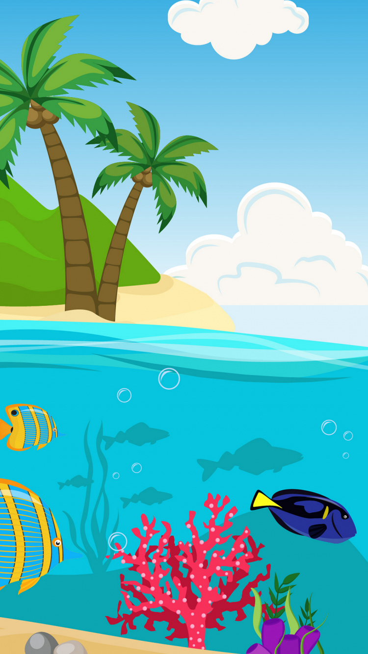 Обои мультфильм, море, иллюстрация, лист, древесные растения в разрешении 750x1334