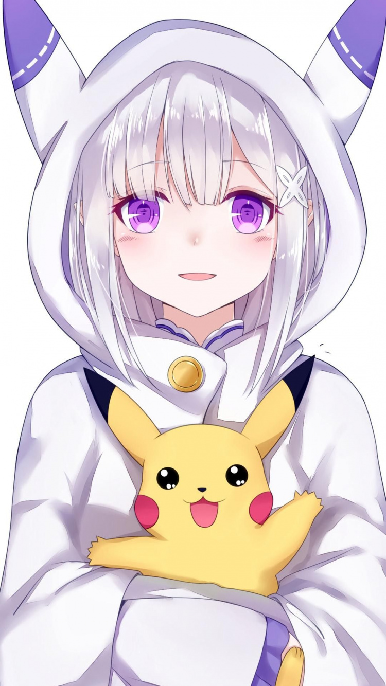 Обои Эмилия Ре Зеро Пикачу, аниме, Isekai, Пикачу, свет роман в разрешении 750x1334