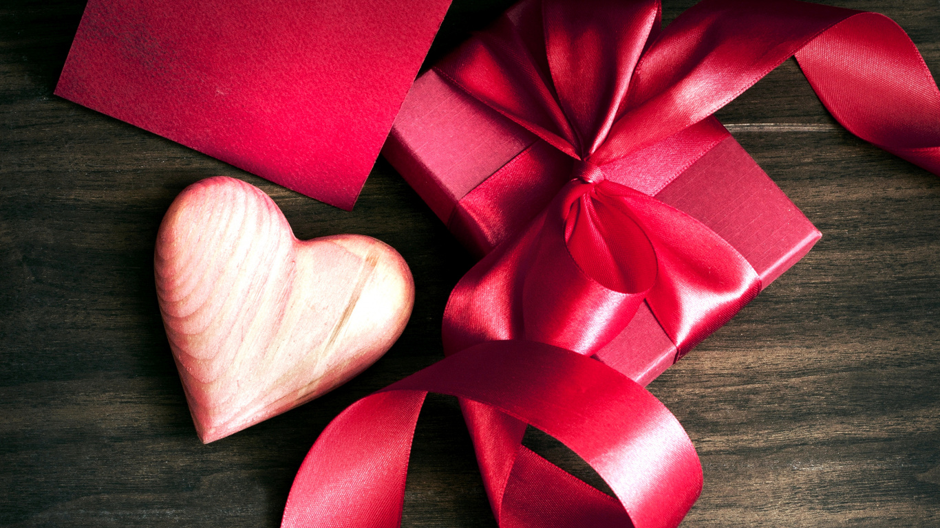 Обои День Святого Валентина, подарок, красный цвет, розовый, лента в разрешении 1366x768