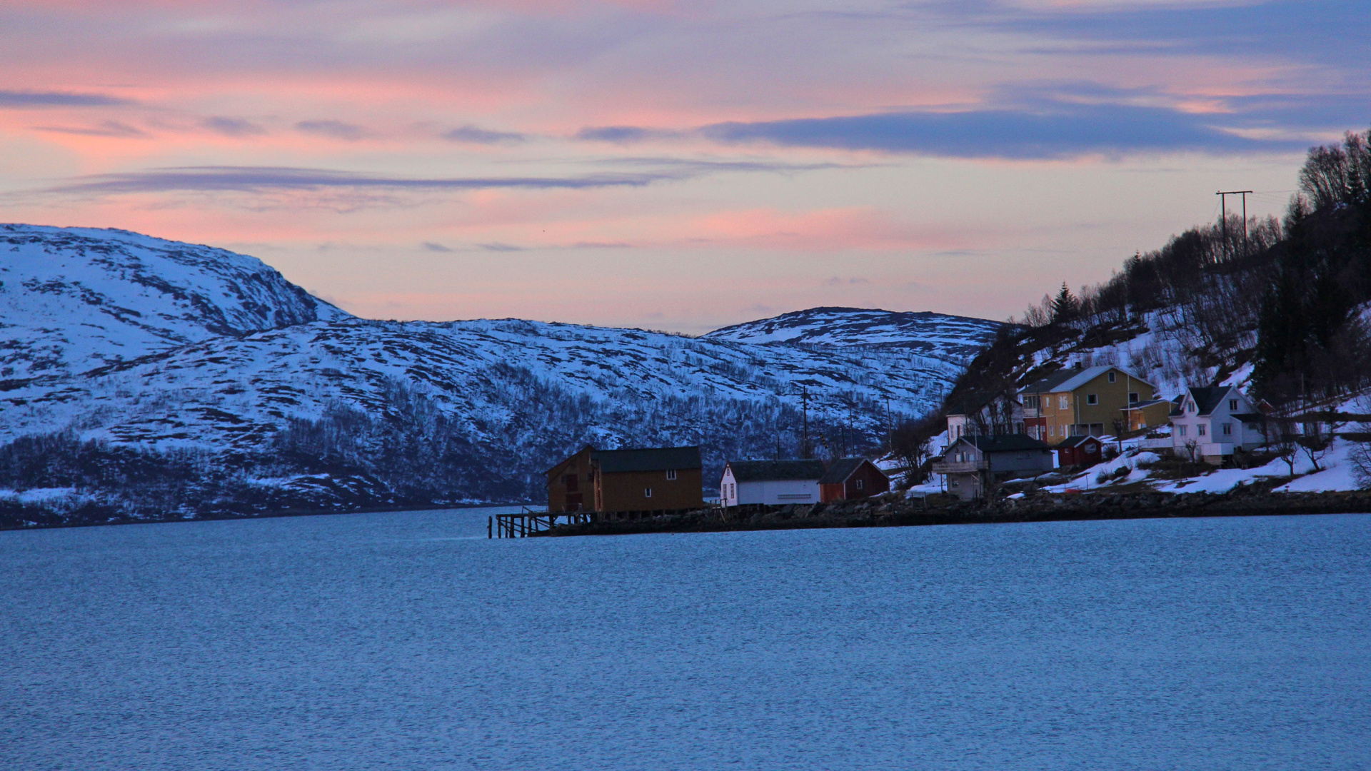 Обои фьорд, зима, снег, нагорье, облако в разрешении 1920x1080