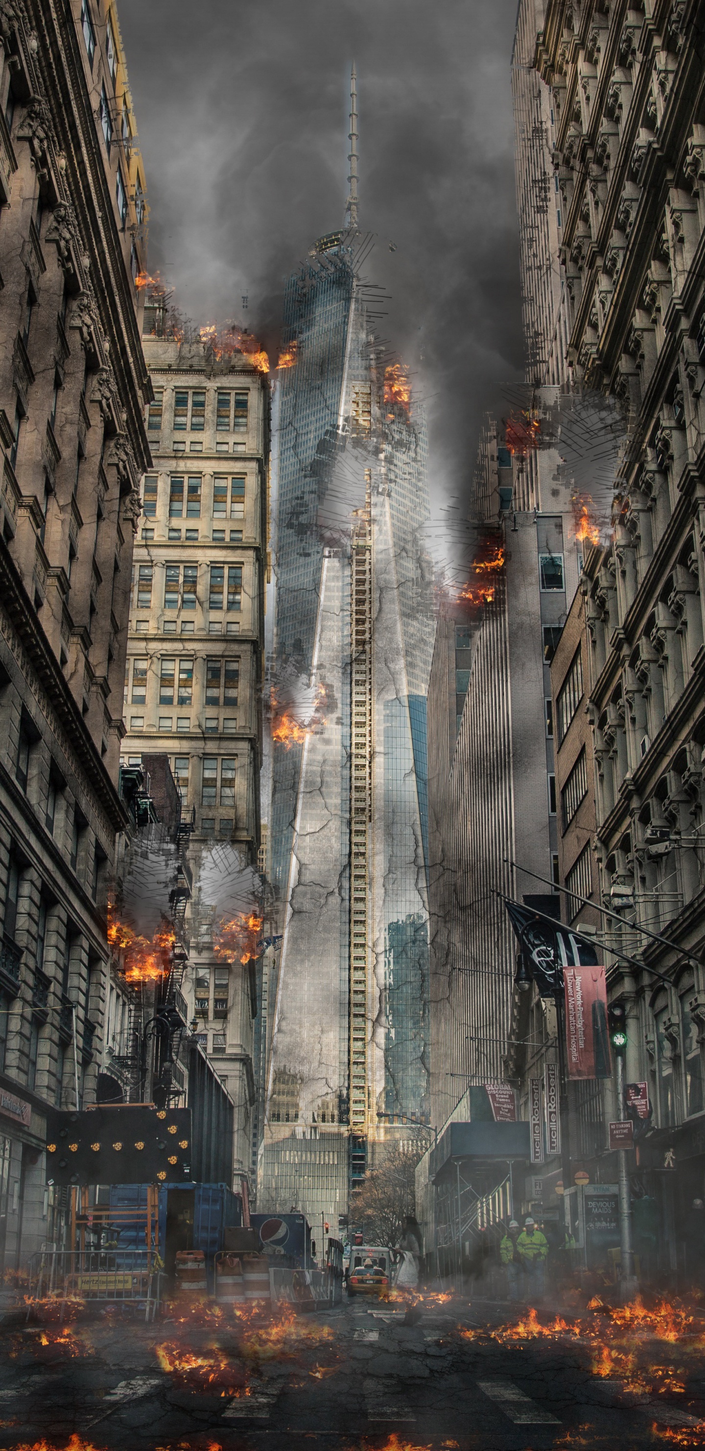 Обои взрыв города, атмосфера, город, бомба, архитектура в разрешении 1440x2960