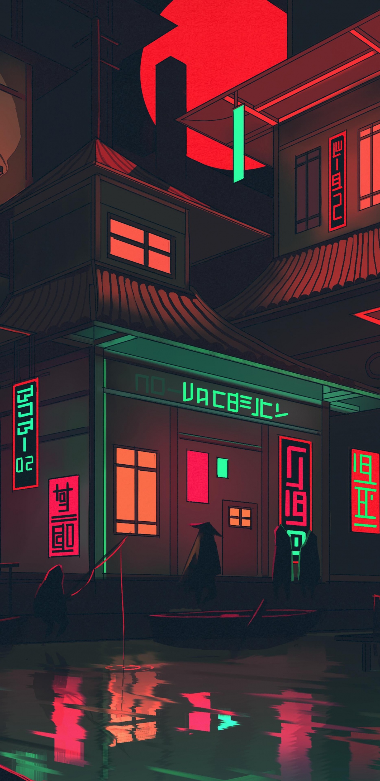 Обои неоновые отмели, арт, здание, окно, красный цвет в разрешении 1440x2960