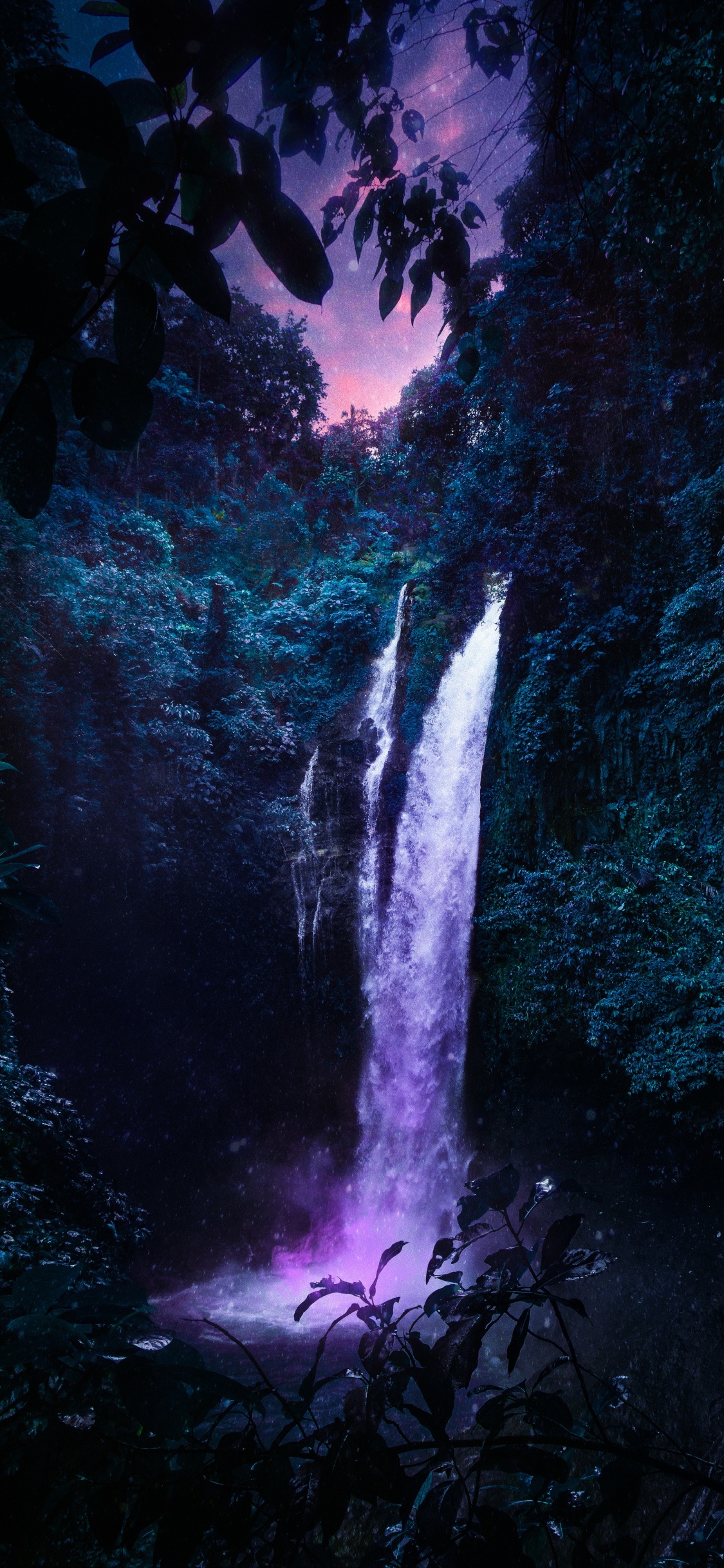 Обои водопад, вода, природный ландшафт, ветвь, растительность в разрешении 1125x2436