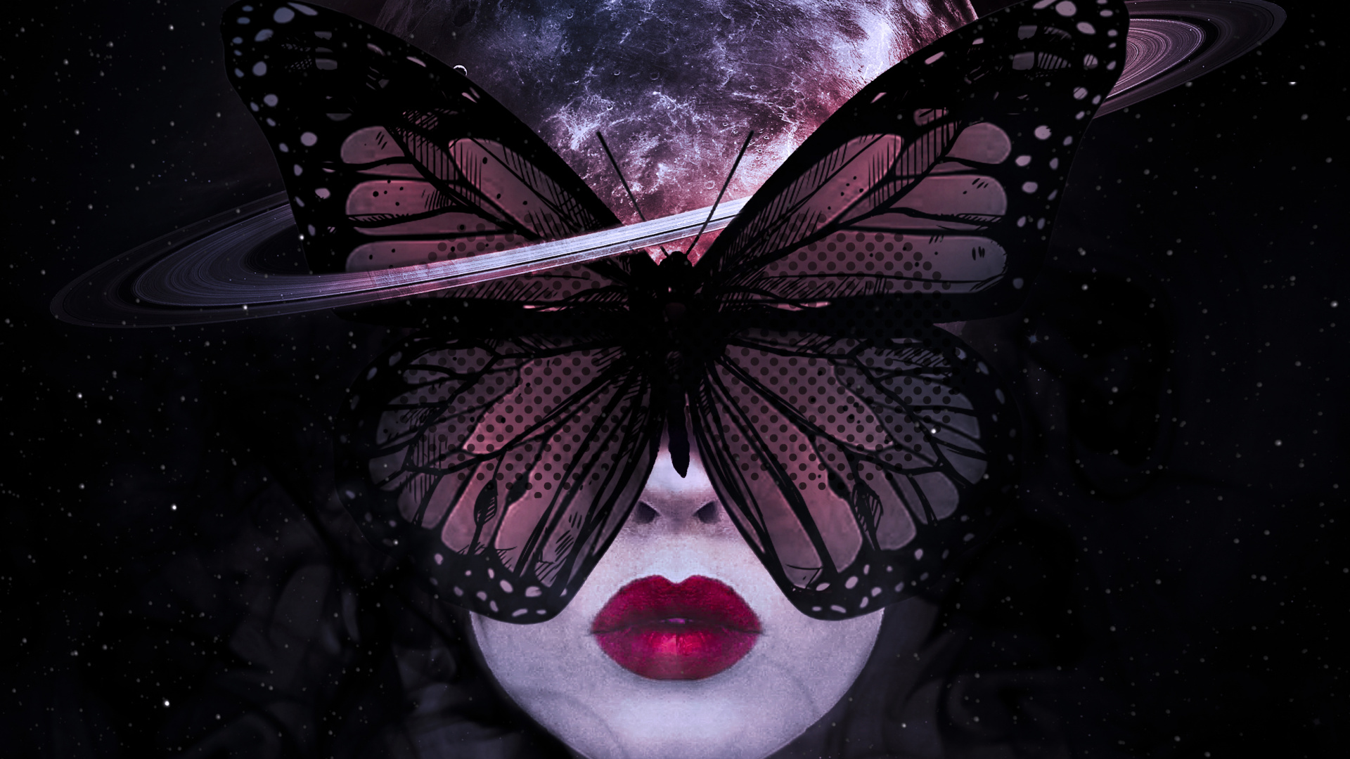 Обои бабочка девушка темная, жидкий, арт, астрономический объект, темнота в разрешении 1920x1080