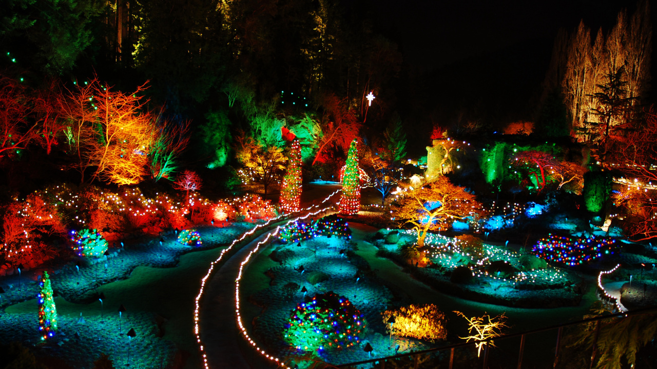 Обои Канада ночной природы, Butchart Сады, природа, ночь, вода в разрешении 1280x720