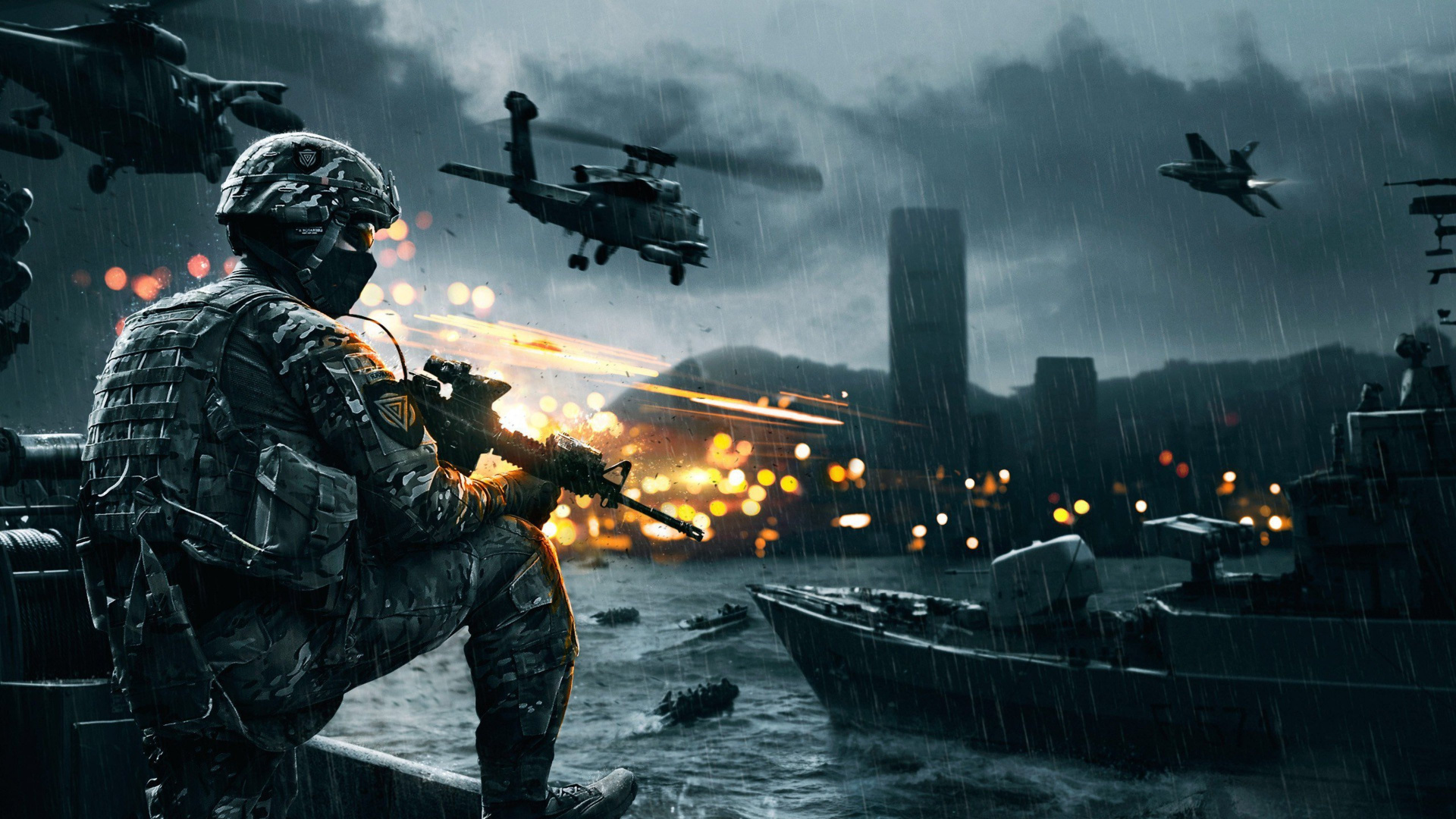 Обои Цифровой композитинг, игра-боевик, шутер, военный вертолет, компьютерная игра в разрешении 1920x1080