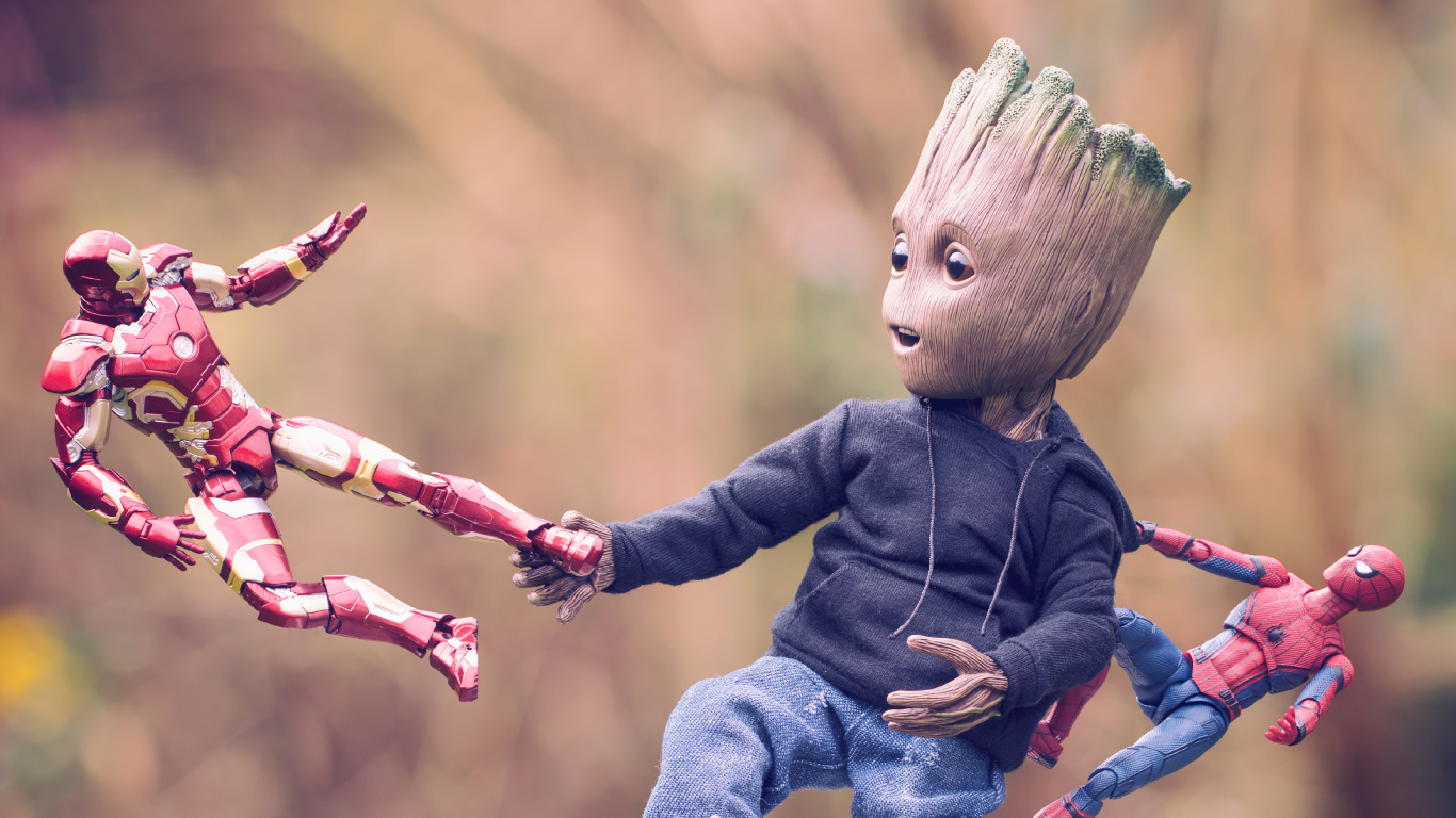 Обои Грут, Железный человек, человек-паук, супергерой, розовый в разрешении 1366x768