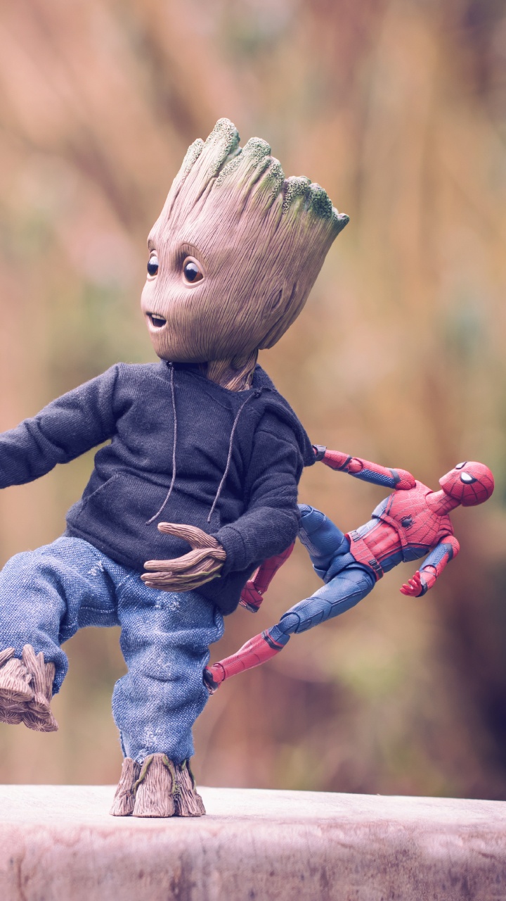 Обои Грут, Железный человек, человек-паук, супергерой, розовый в разрешении 720x1280