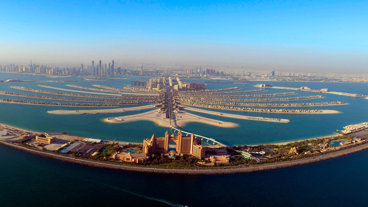 Обои Пальма Джумейра, гидроресурсы, вода, искусственный остров, город в разрешении 1280x720