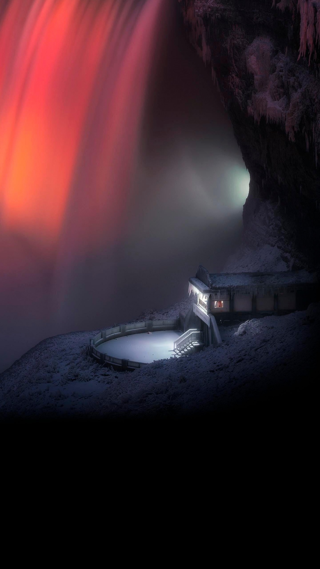 Обои природа, водопад, автомобильное освещение, газ, полутона и оттенки в разрешении 1080x1920