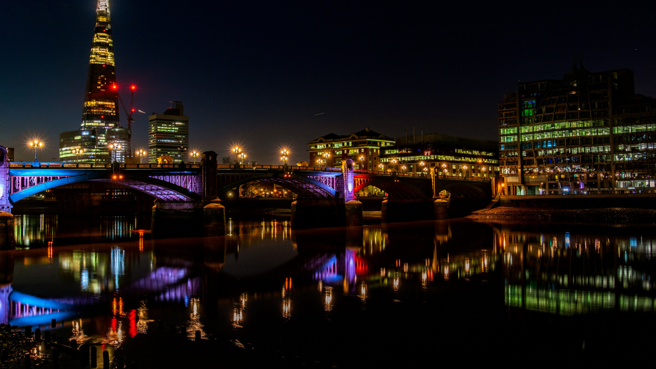 Обои река темза, город, ночь, городской пейзаж, отражение в разрешении 1280x720