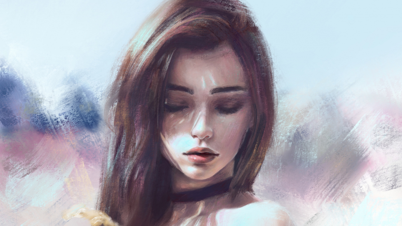 Обои цифровое искусство, произведение искусства, арт, волосы, лицо в разрешении 1366x768