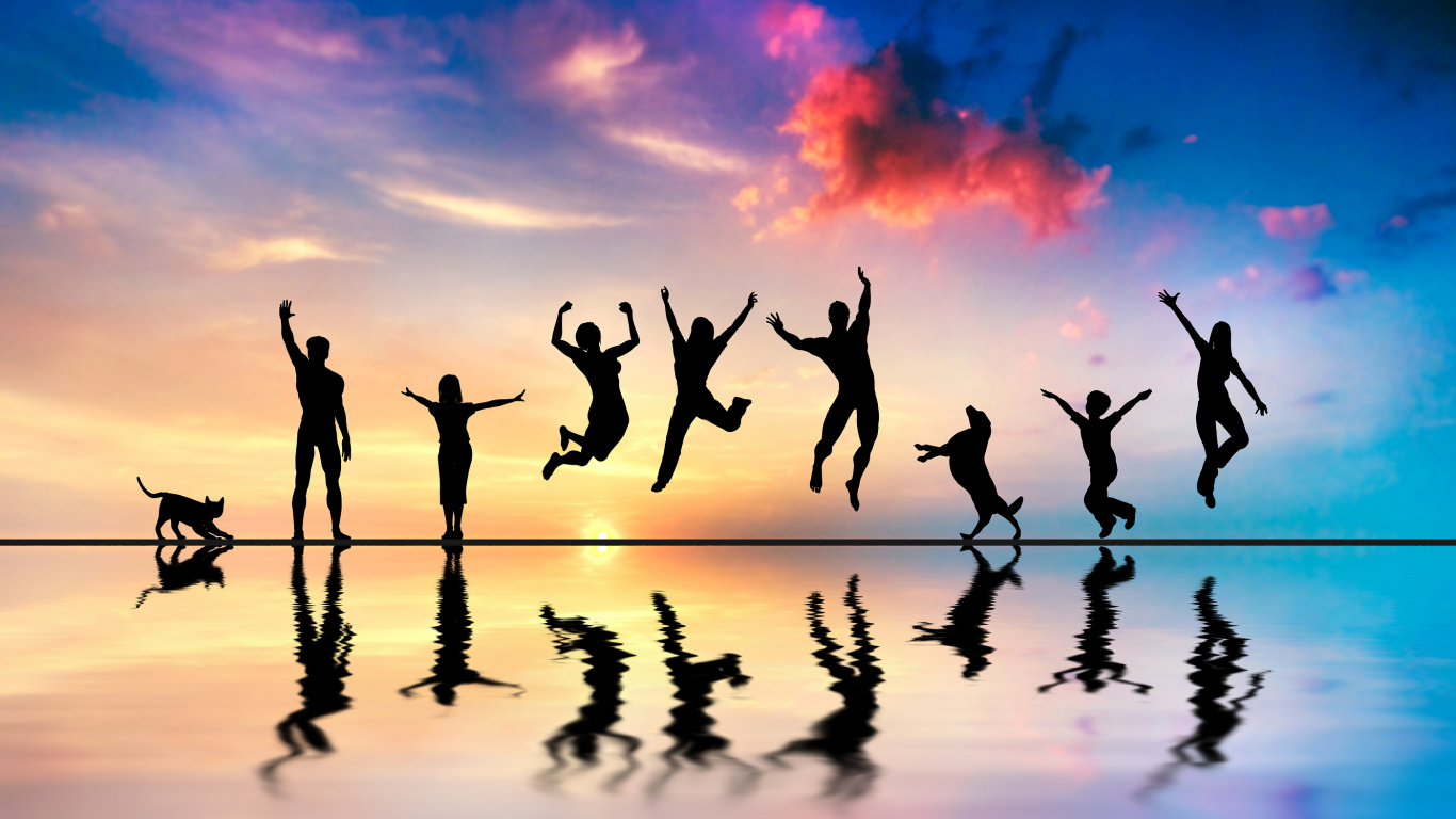 Обои счастье, вода, отражение, забава, силуэт в разрешении 1366x768