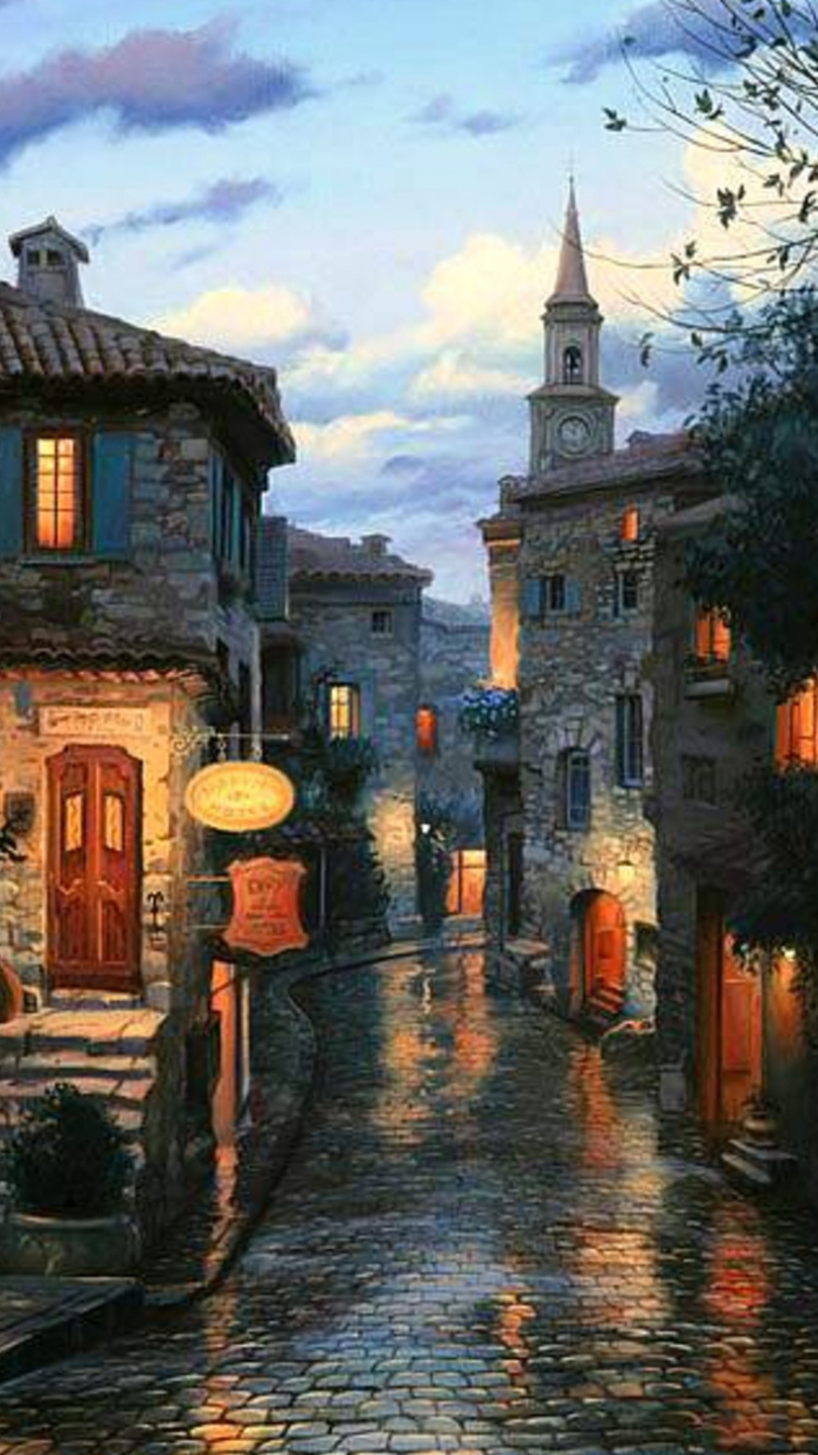 Обои живопись, вечер, арт, городок, ночь в разрешении 750x1334