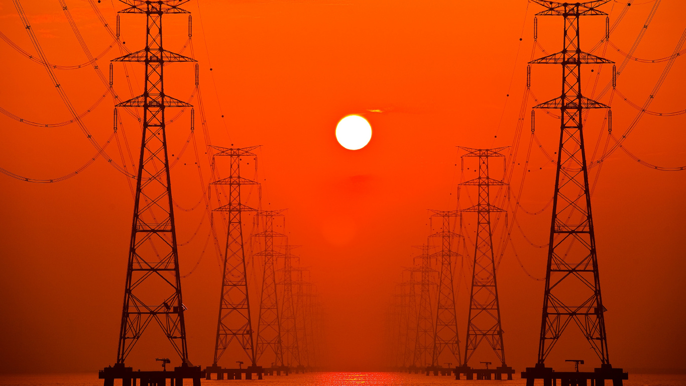 Обои воздушной линии электропередач, башня передачи, электричество, высокое напряжение, линия электропередачи в разрешении 1366x768