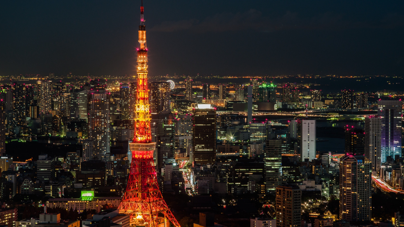 Обои Токио, токийская башня, городской пейзаж, город, городской район в разрешении 1366x768