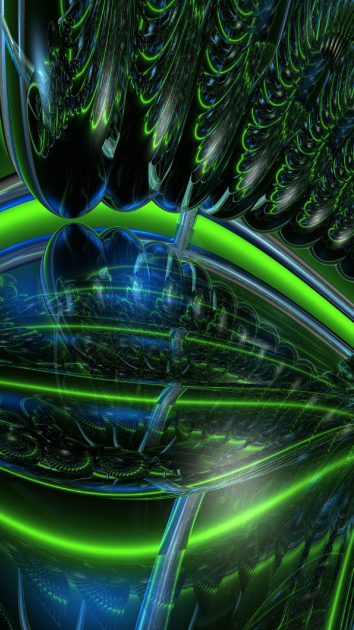 Обои зеленый, фрактальное искусство, графика, космос, неоновая вывеска в разрешении 720x1280