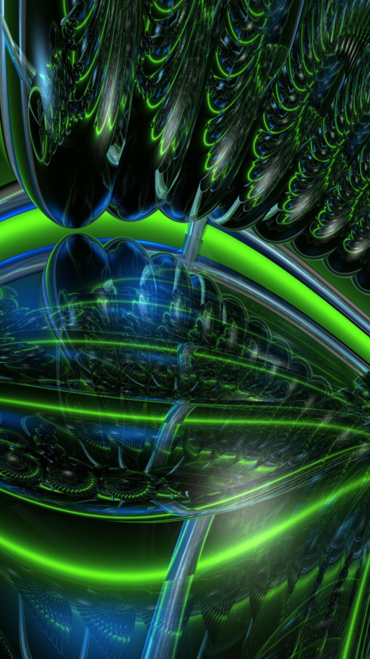 Обои зеленый, фрактальное искусство, графика, космос, неоновая вывеска в разрешении 750x1334