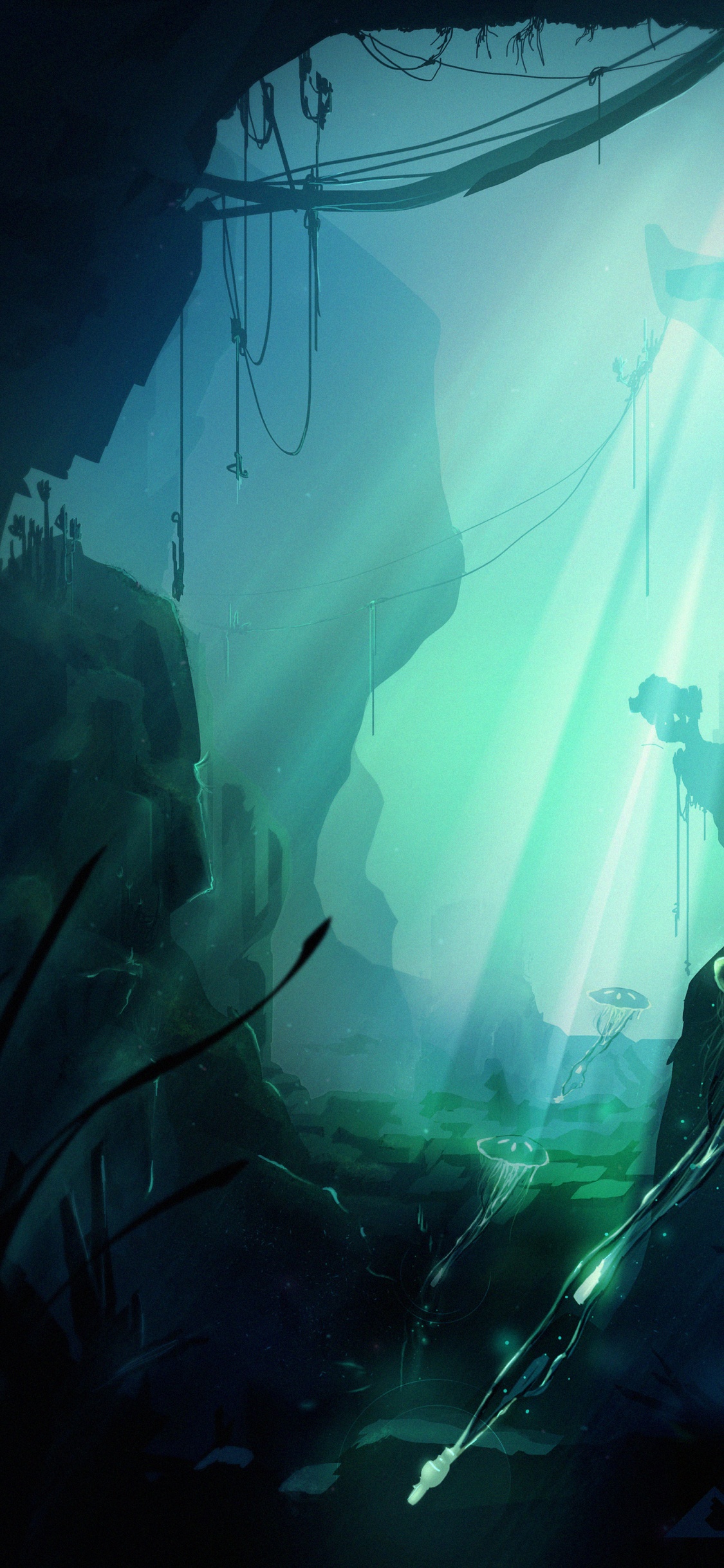 Обои цифровое искусство, вода, цифровая живопись, темнота, иллюстрация в разрешении 1125x2436