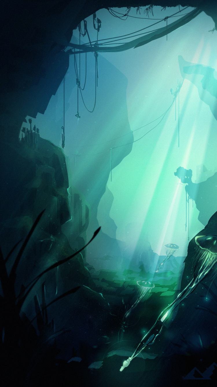 Обои цифровое искусство, вода, цифровая живопись, темнота, иллюстрация в разрешении 750x1334