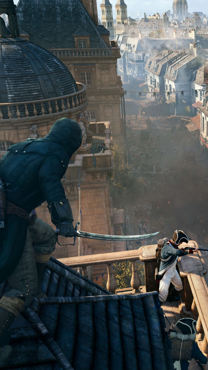 Обои assassins creed unity, assassins creed, ubisoft, компьютерная игра, небо в разрешении 720x1280