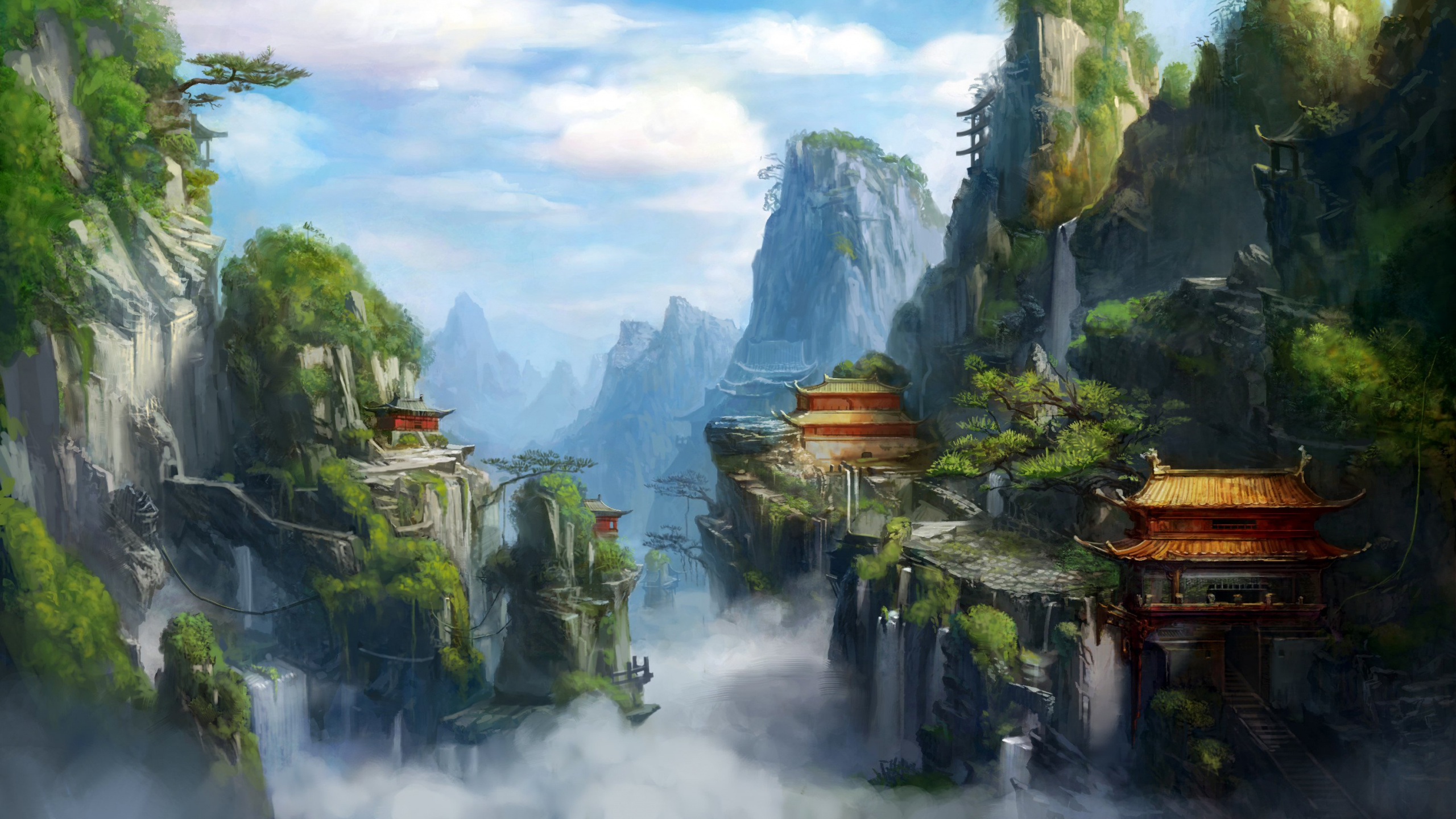 Обои природный ландшафт, природа, акварельные краски, живопись, водоток в разрешении 2560x1440