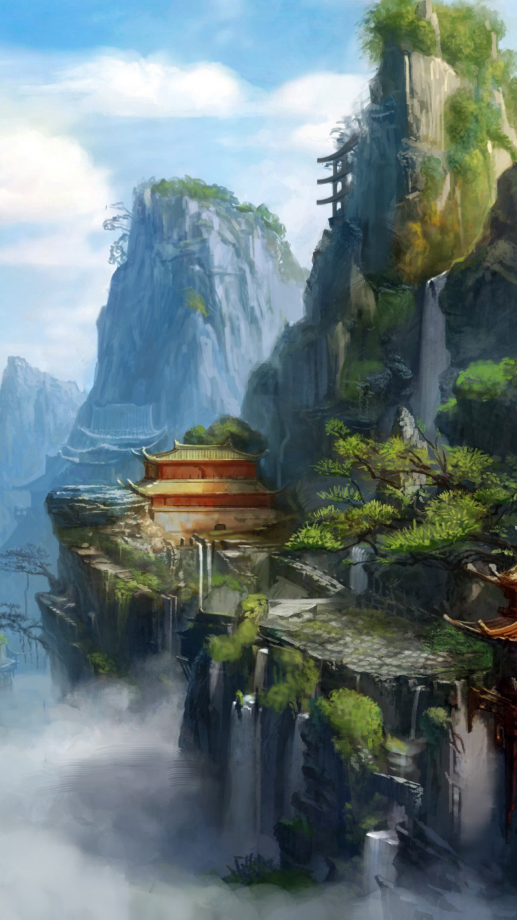 Обои природный ландшафт, природа, акварельные краски, живопись, водоток в разрешении 750x1334