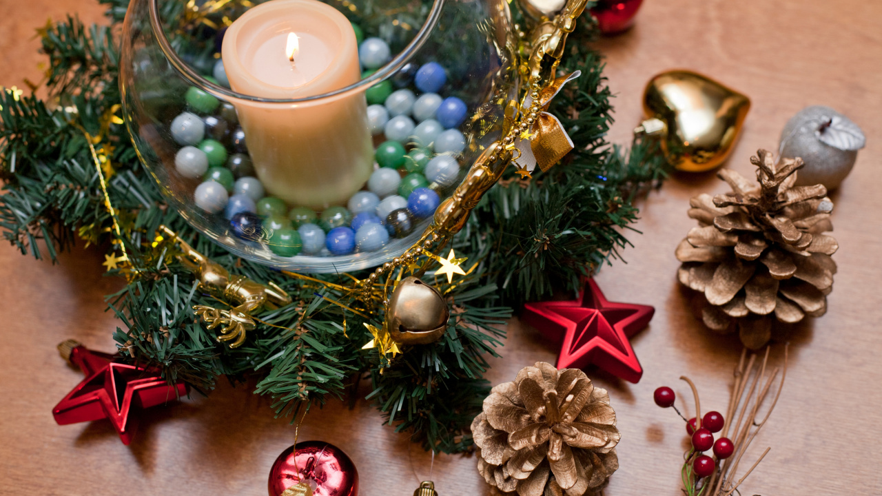 Обои Новый год, Рождественские украшения, Рождество, свеча, подарок в разрешении 1280x720