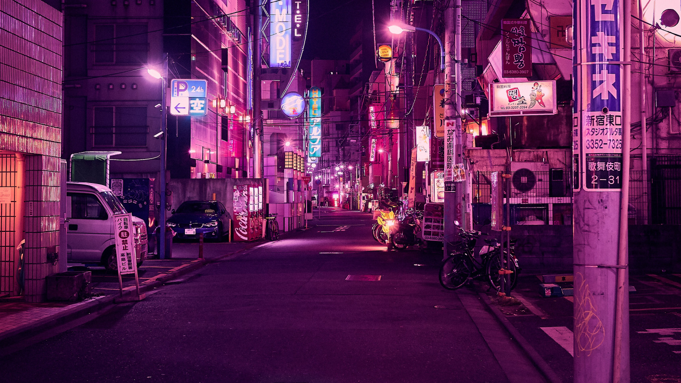 Обои город, ночь, пурпур, розовый, городской район в разрешении 1366x768