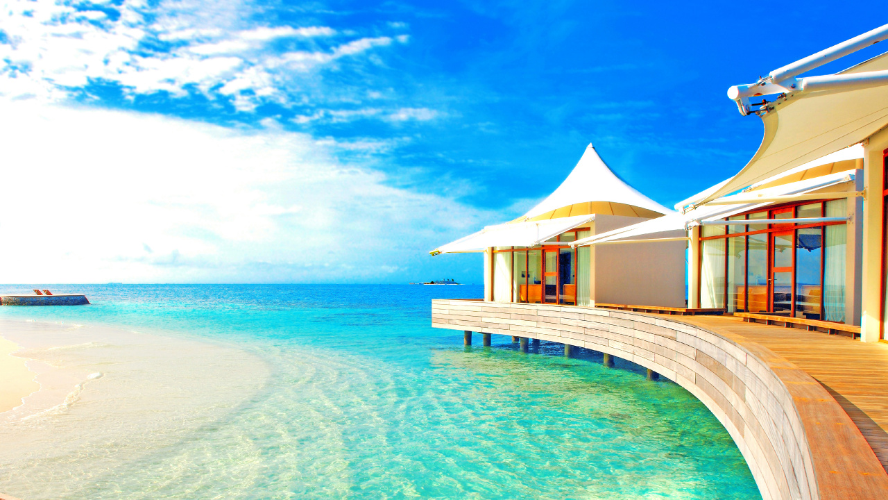 Обои прибежище, пляж, свойство, плавательный бассейн, отпуск в разрешении 1280x720