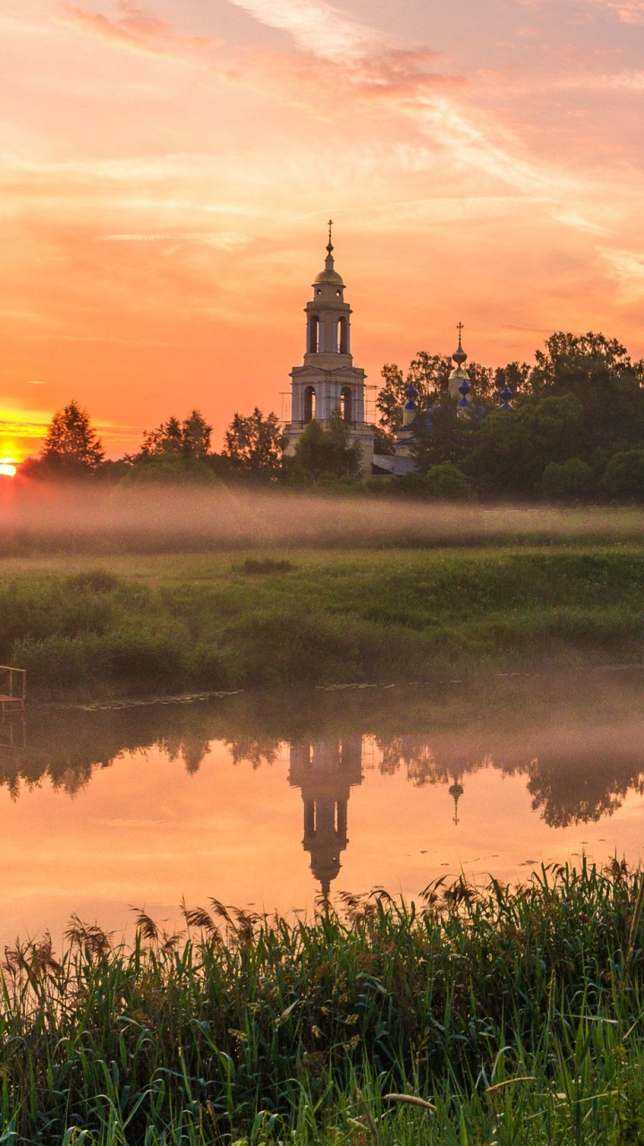 Обои природа, пейзажная живопись, утро, отражение, реки в разрешении 720x1280