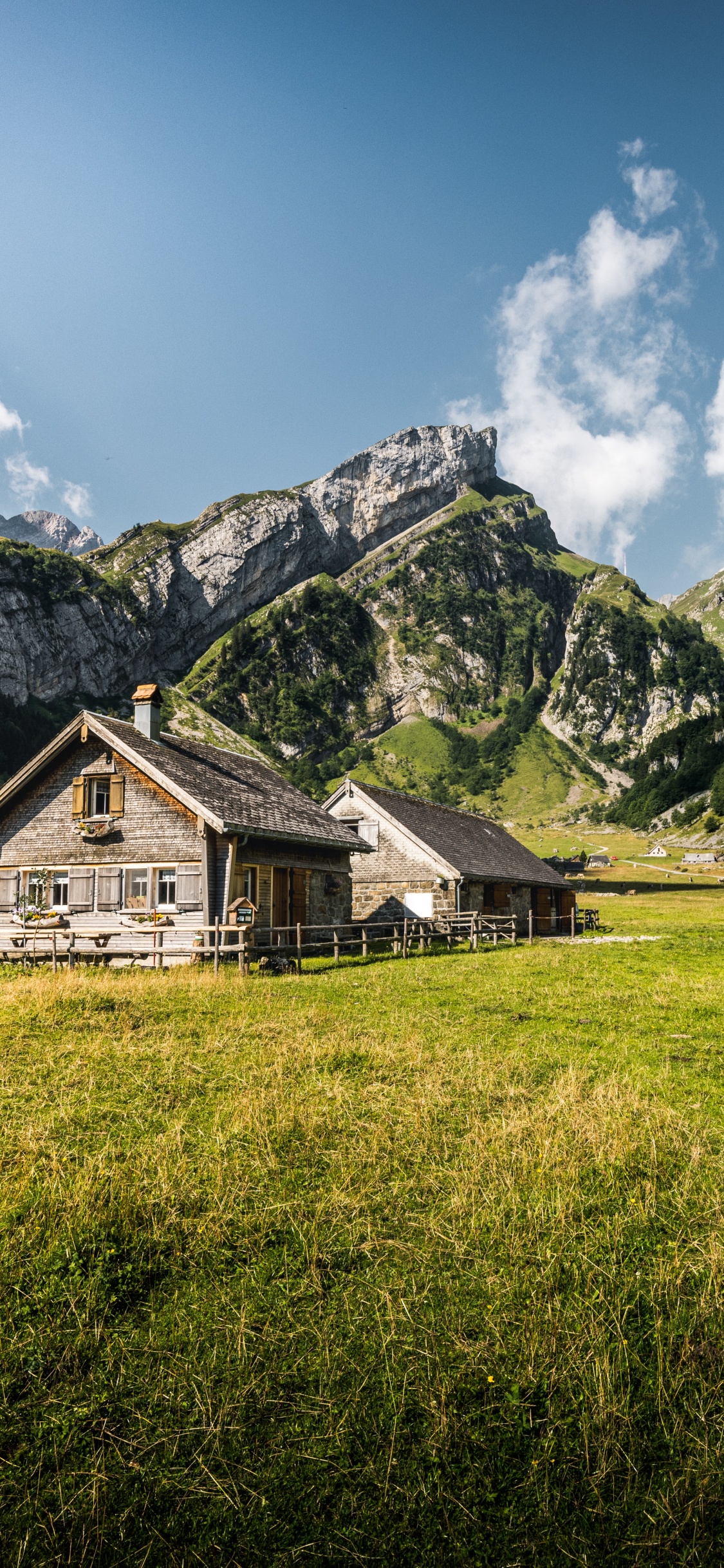 Обои Seealpsee, гора, облако, растение, зеленый в разрешении 1125x2436