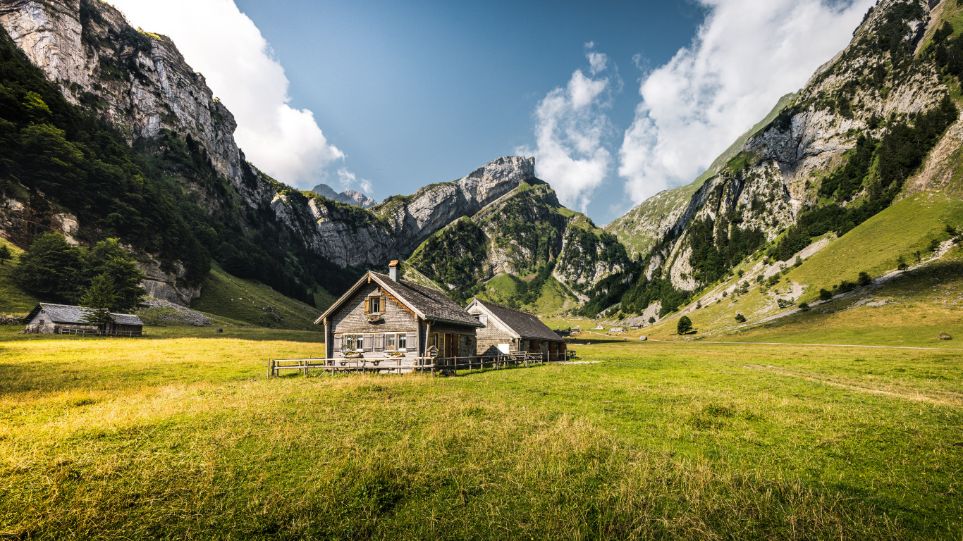 Обои Seealpsee, гора, облако, растение, зеленый в разрешении 1366x768