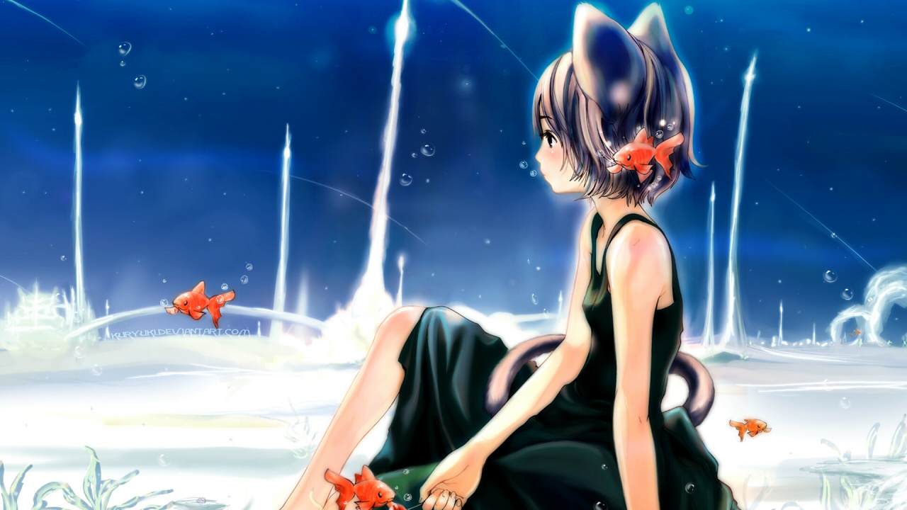 Обои Девушка кошка, иллюстрация, небо, мангака в разрешении 1280x720