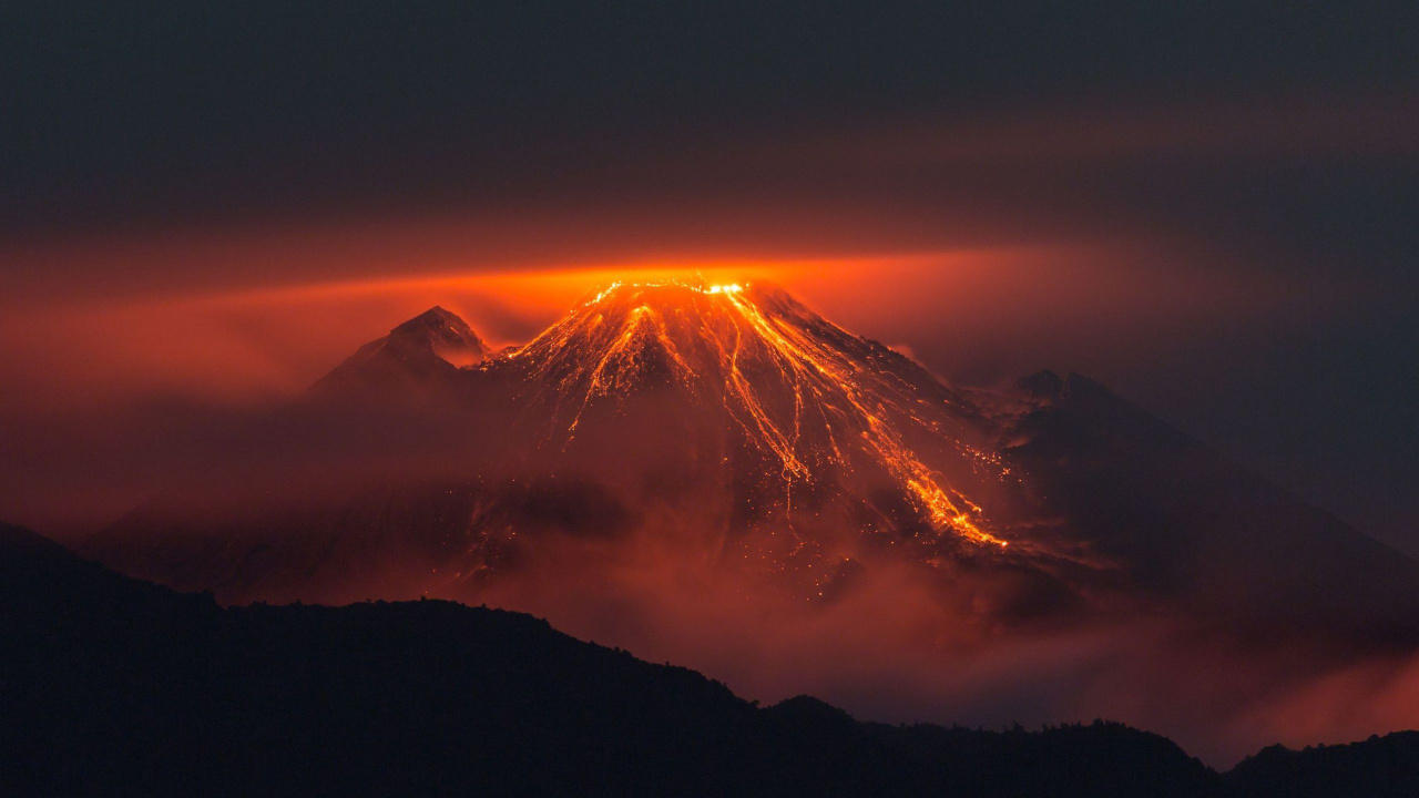 Обои вулкан, стратовулкан, послесвечение, восход солнца, рок в разрешении 1280x720
