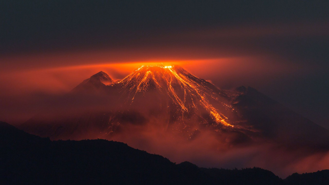 Обои вулкан, стратовулкан, послесвечение, восход солнца, рок в разрешении 1366x768