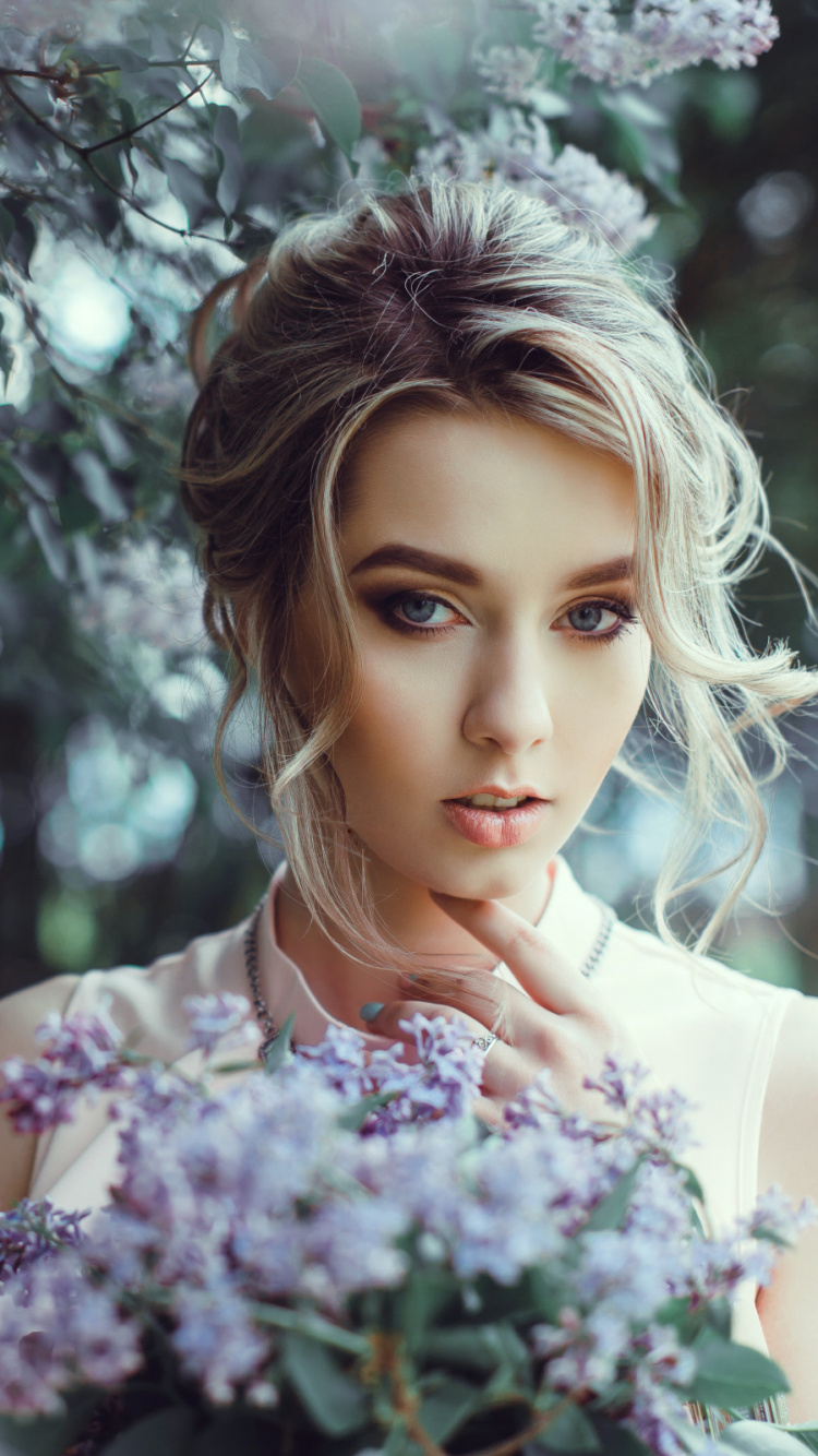 Обои волосы, красота, сирень, прическа, весна в разрешении 750x1334