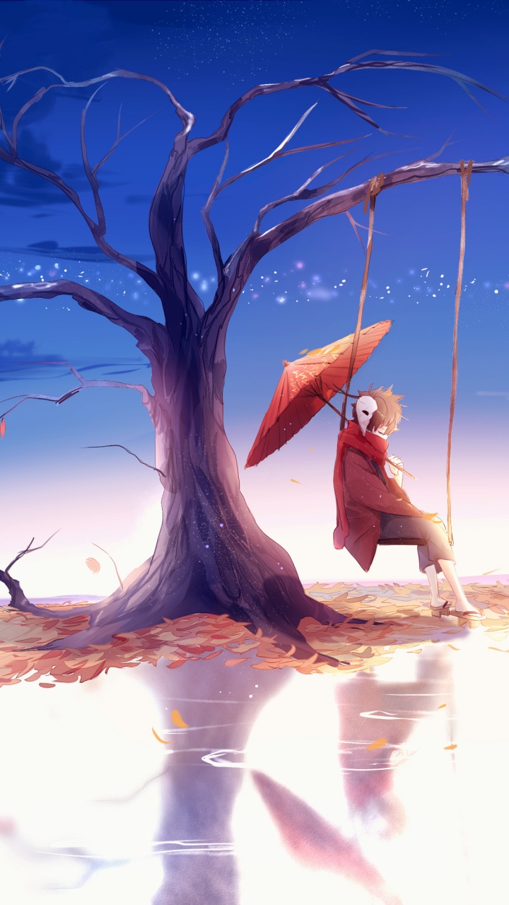 Обои аниме, дерево, синий, атмосфера, древесные растения в разрешении 720x1280