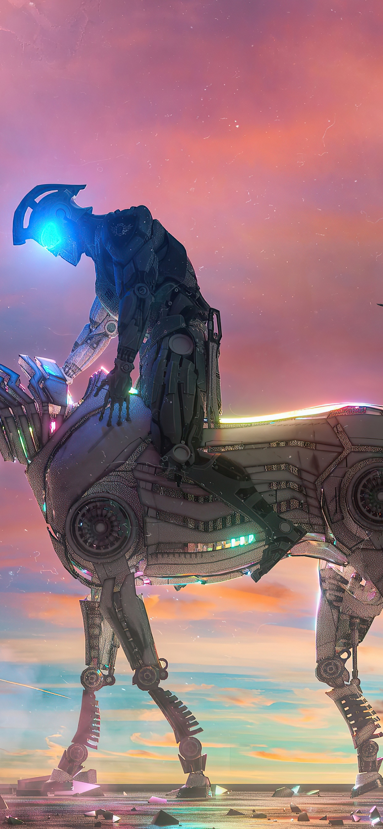 Обои киборг лошадь, цифровое искусство, киборг, конь, облако в разрешении 1242x2688