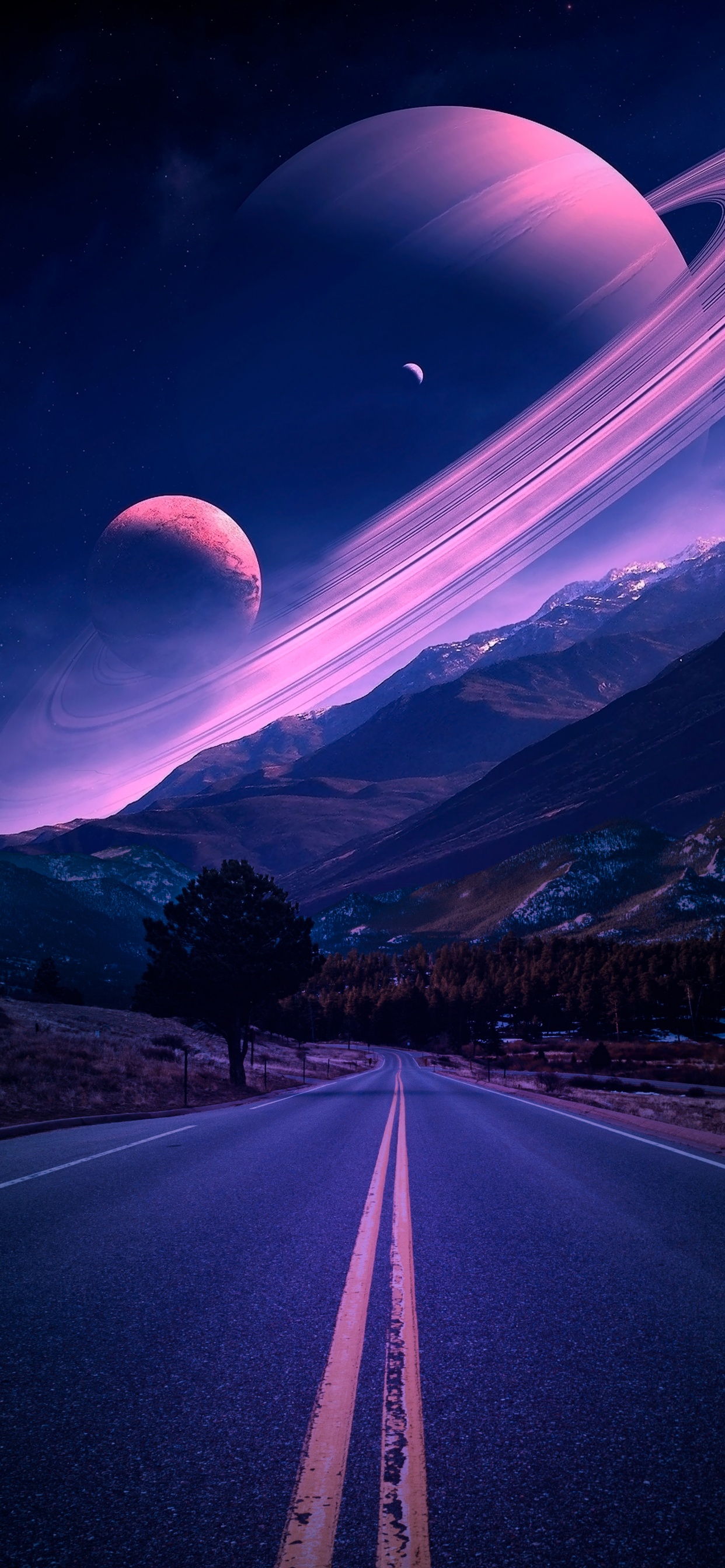 Обои дорога с планетой, планета, земля, Солнечная система, Сатурн в разрешении 1242x2688