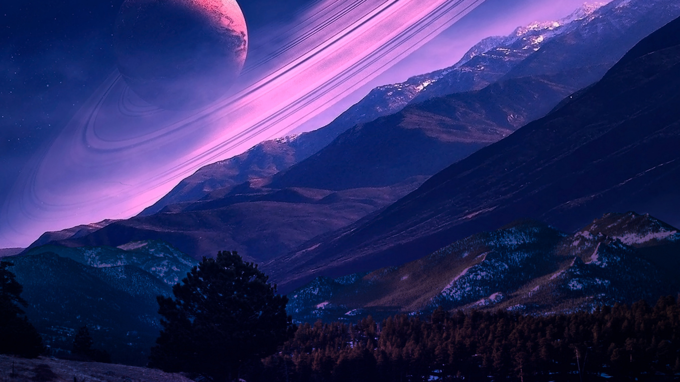 Обои дорога с планетой, планета, земля, Солнечная система, Сатурн в разрешении 1366x768