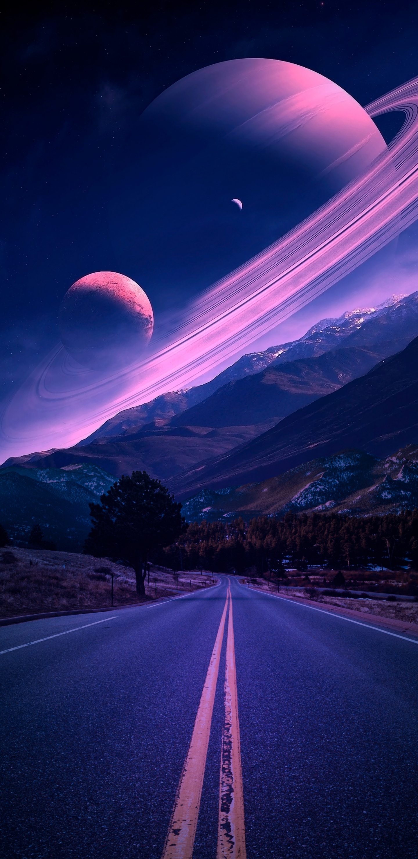 Обои дорога с планетой, планета, земля, Солнечная система, Сатурн в разрешении 1440x2960