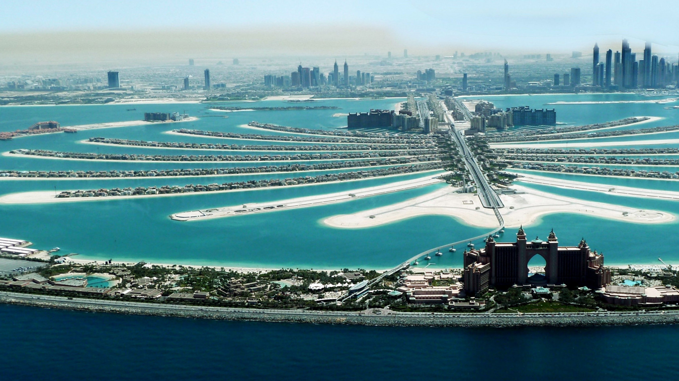 Обои Пальма Джумейра, Дубай Марина, искусственный остров, гидроресурсы, водный путь в разрешении 1366x768