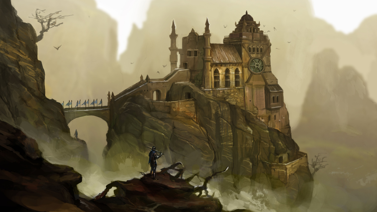 Обои замок, фэнтези, живопись, арт, иллюстрация в разрешении 1280x720