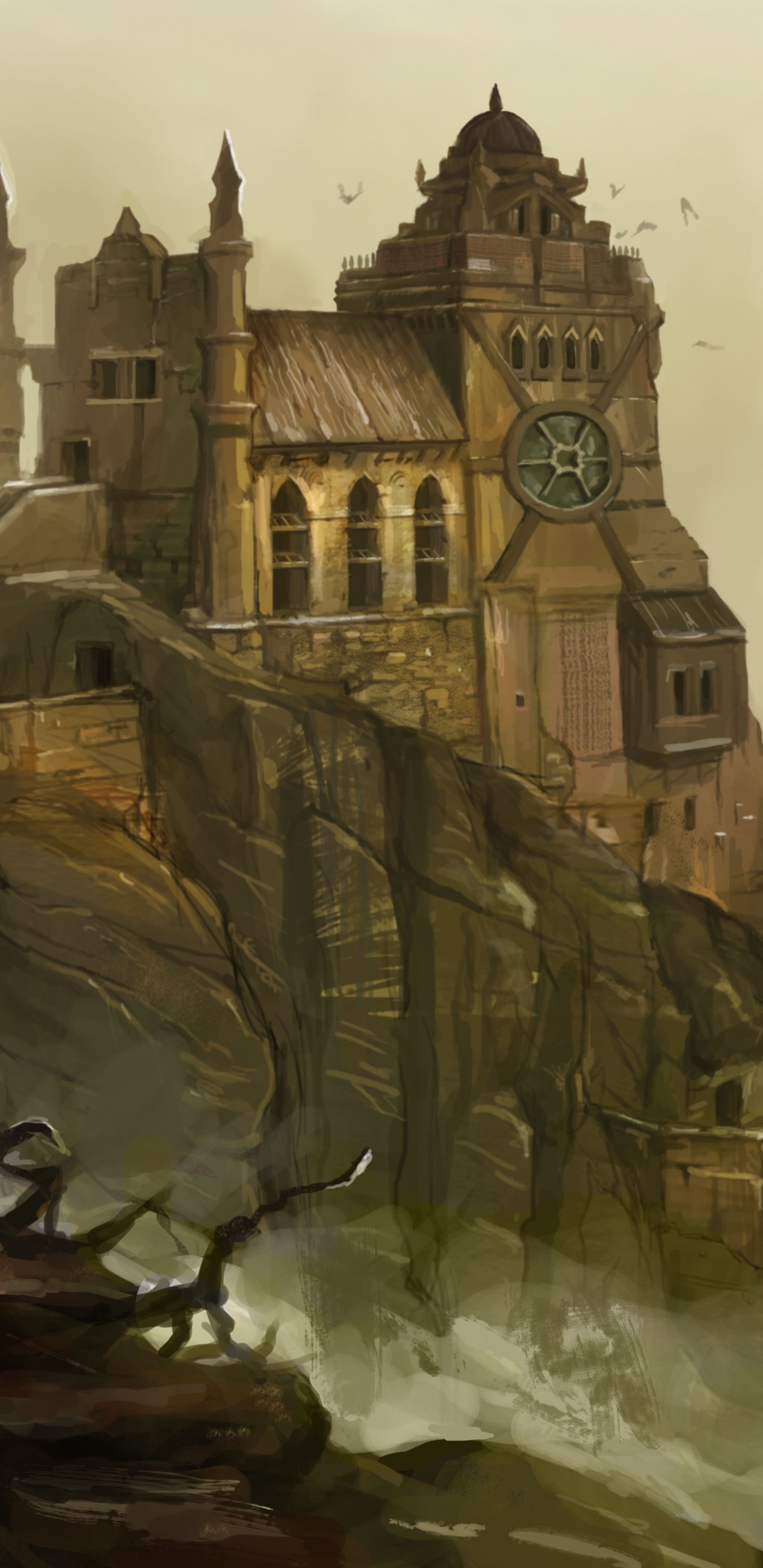 Обои замок, фэнтези, живопись, арт, иллюстрация в разрешении 1440x2960