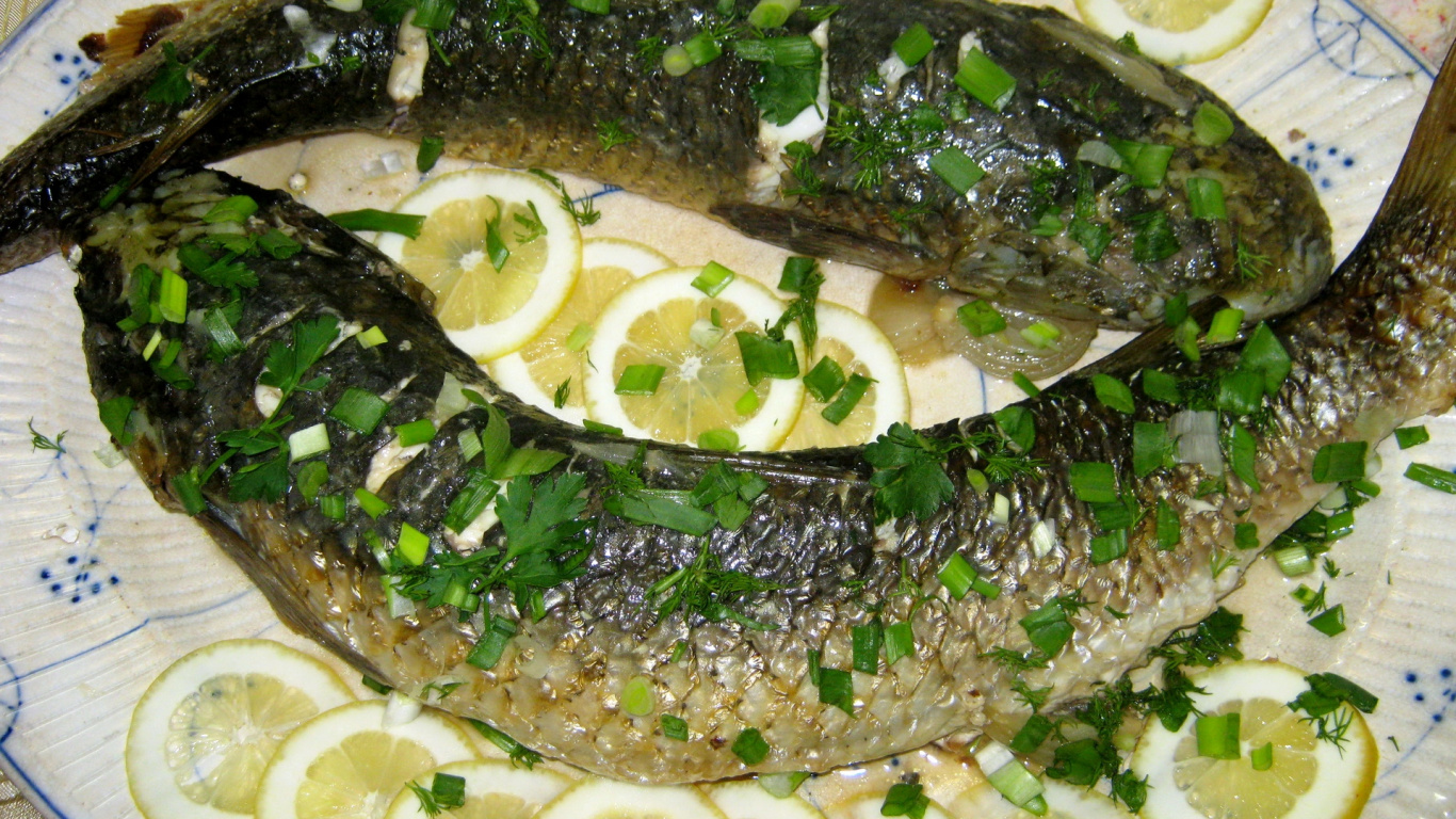 Обои блюда, рыбный стейк, овощ, пища, продукция в разрешении 1366x768