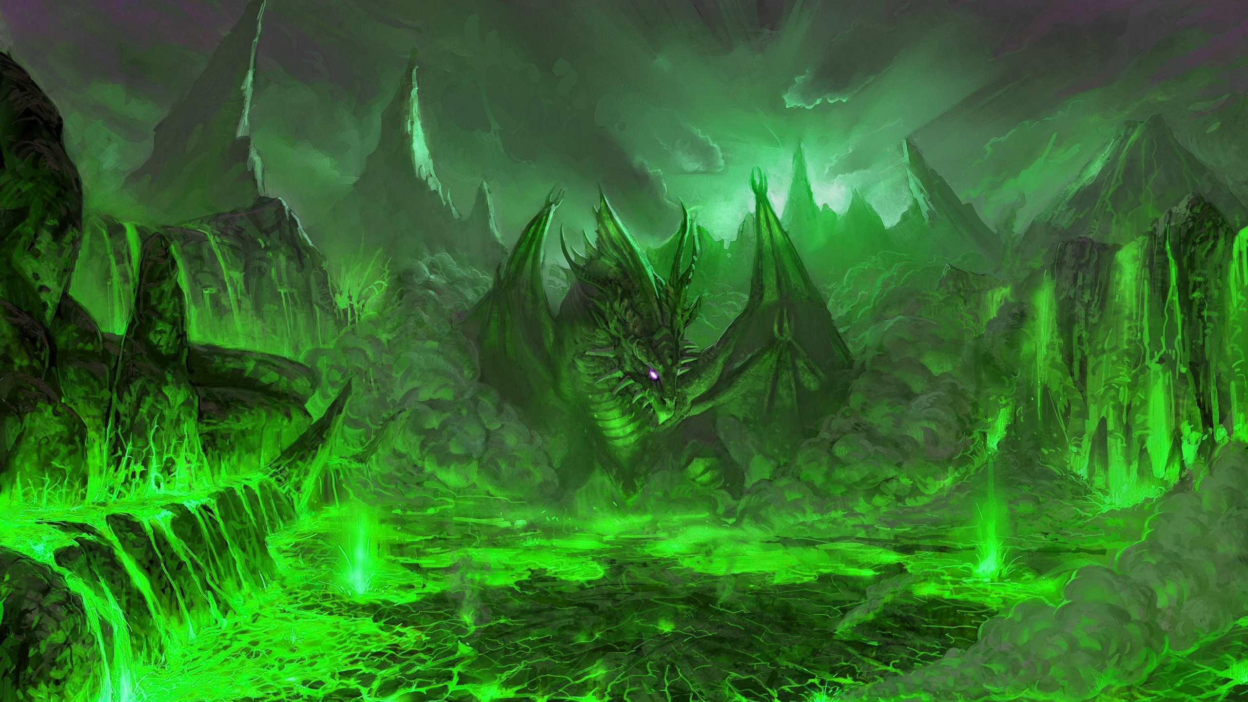 Обои дракон, зеленый, лес, джунгли, цифровое искусство в разрешении 2560x1440