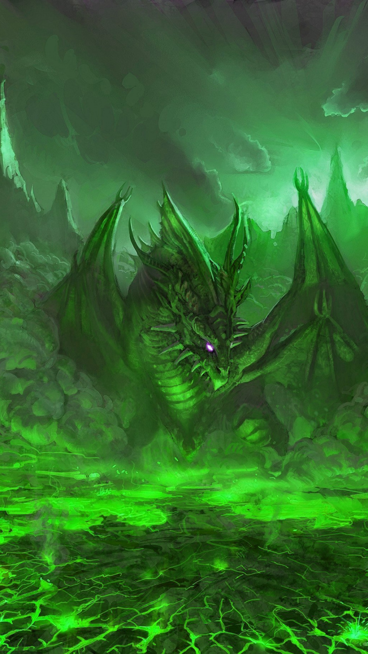 Обои дракон, зеленый, лес, джунгли, цифровое искусство в разрешении 750x1334