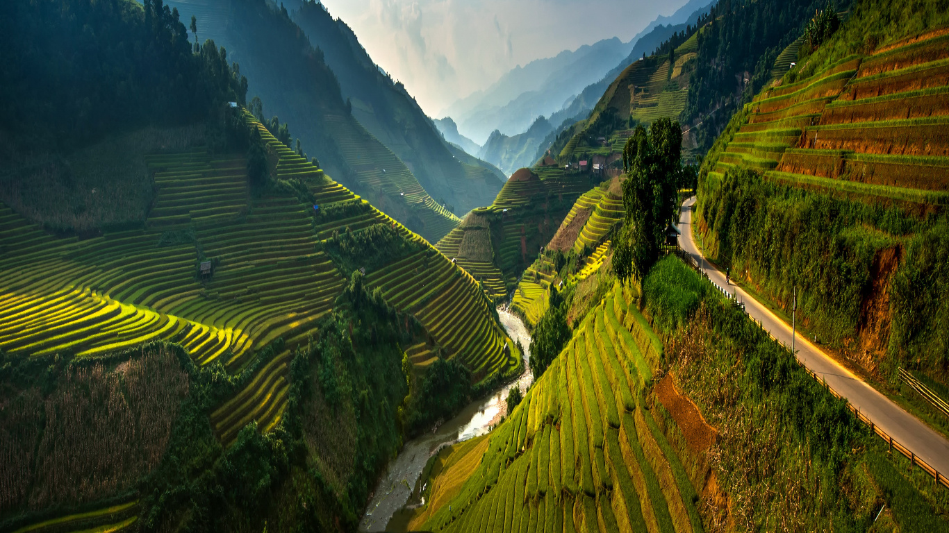 Обои терраса, нагорье, природа, горный рельеф, гора в разрешении 1366x768