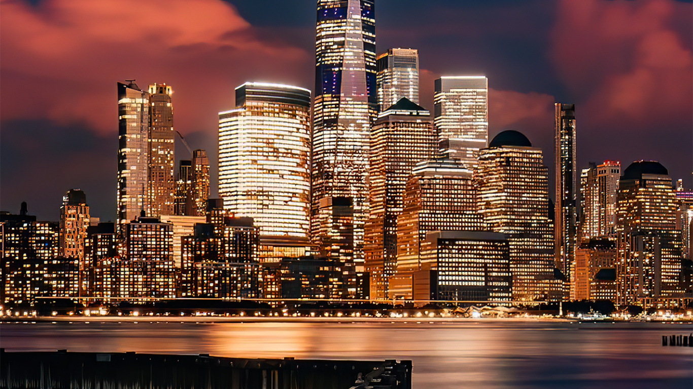 Обои городской пейзаж, небоскреб, облако, здание, вода в разрешении 1366x768